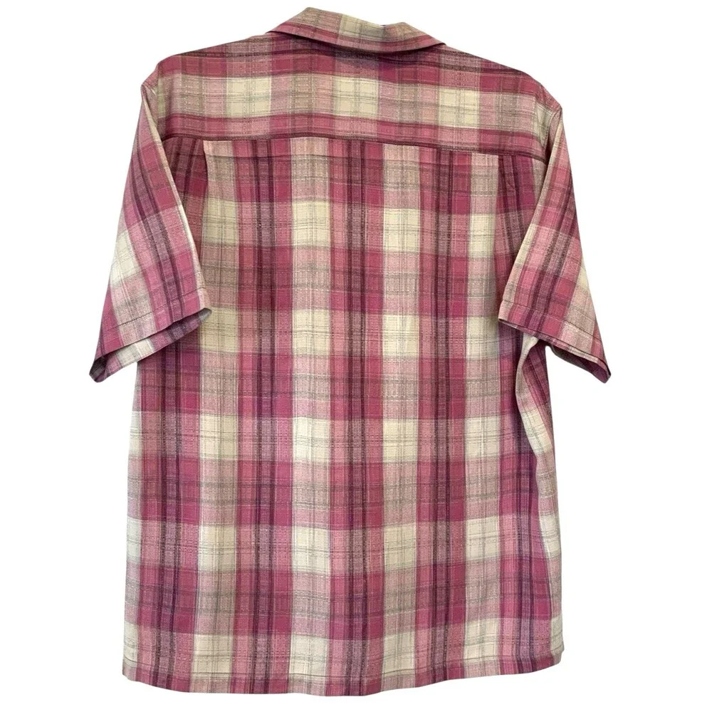 Tommy Bahama 100% Silk Mens Plaid Button-Front Shirt Pink/Cream w/Brown Buttons